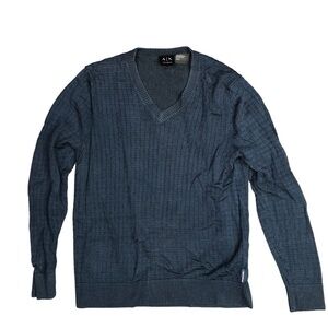 A/X Armani Exchange navy v-neck sweater windowpane plaid texture Medium